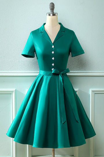 Vestido de pescoço verde V do exército dos anos 50 com Bowknot